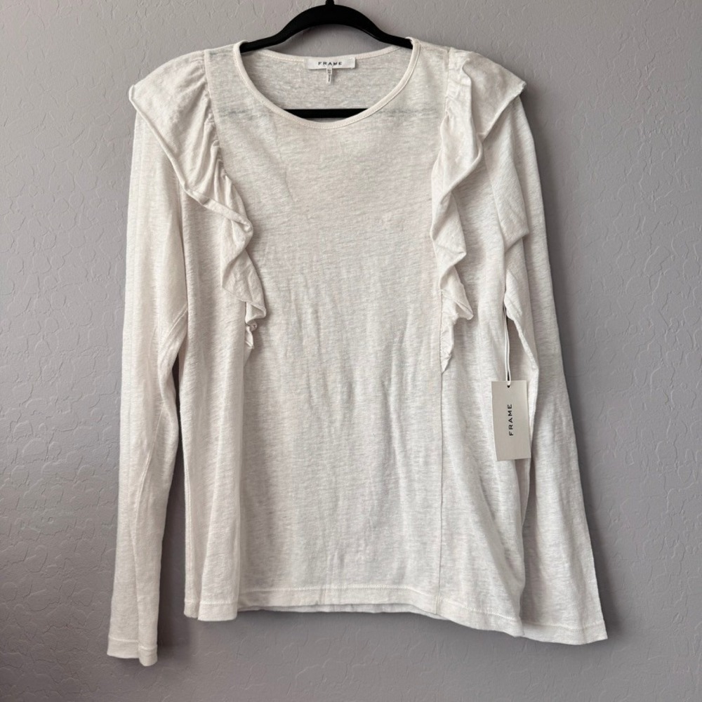NWT Frame XL Top Blanc White Long Sleeve Ruffle Trim 100% Linen LWTS0546